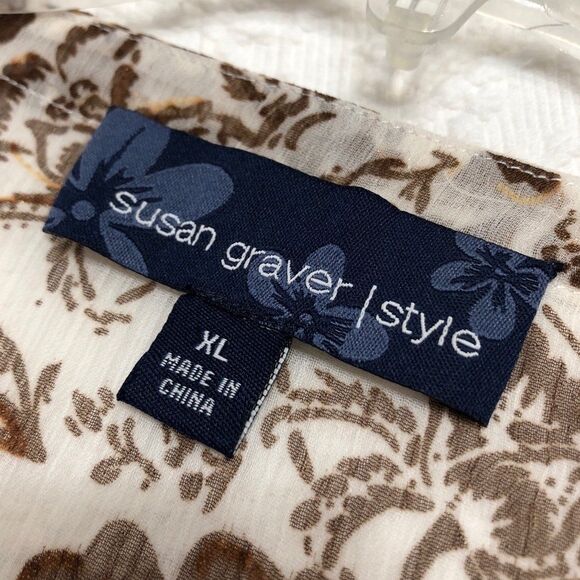 Susan Graver Blouse for Women Size XL Cream with Brown Floral and Gold Shimmer - Picture 6 of 9